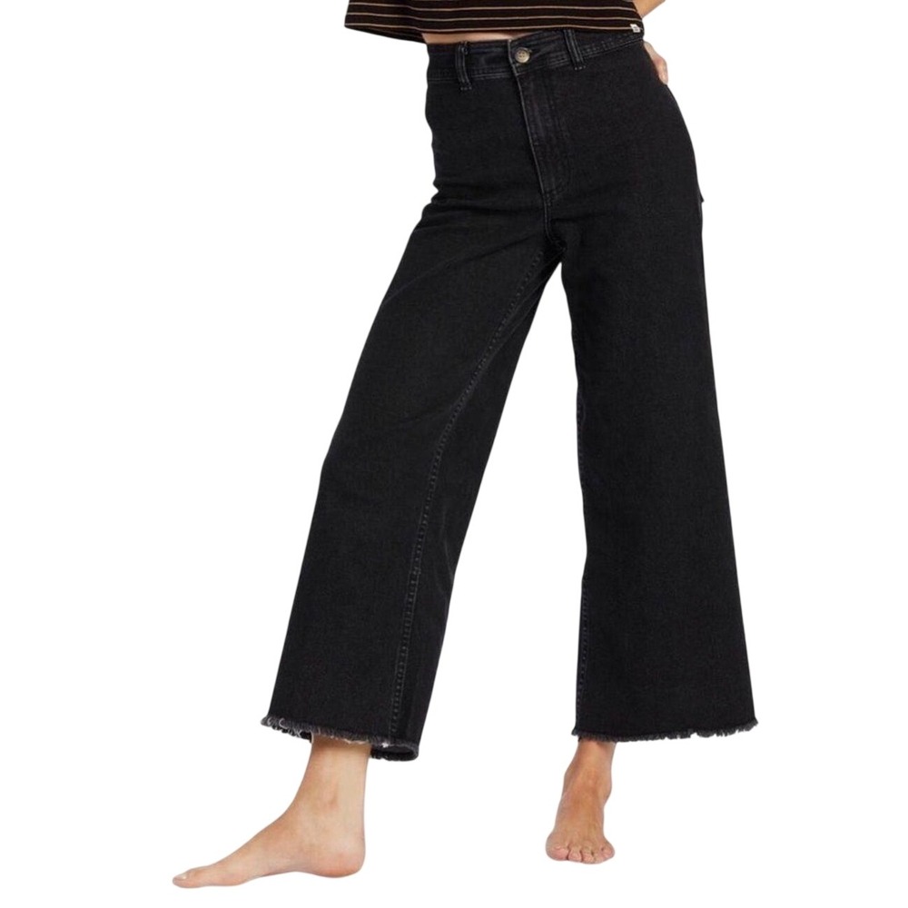 BILLABONG Free Fall Wide Leg Jeans Washed Black High Rise Raw Hem Size 31 Skater